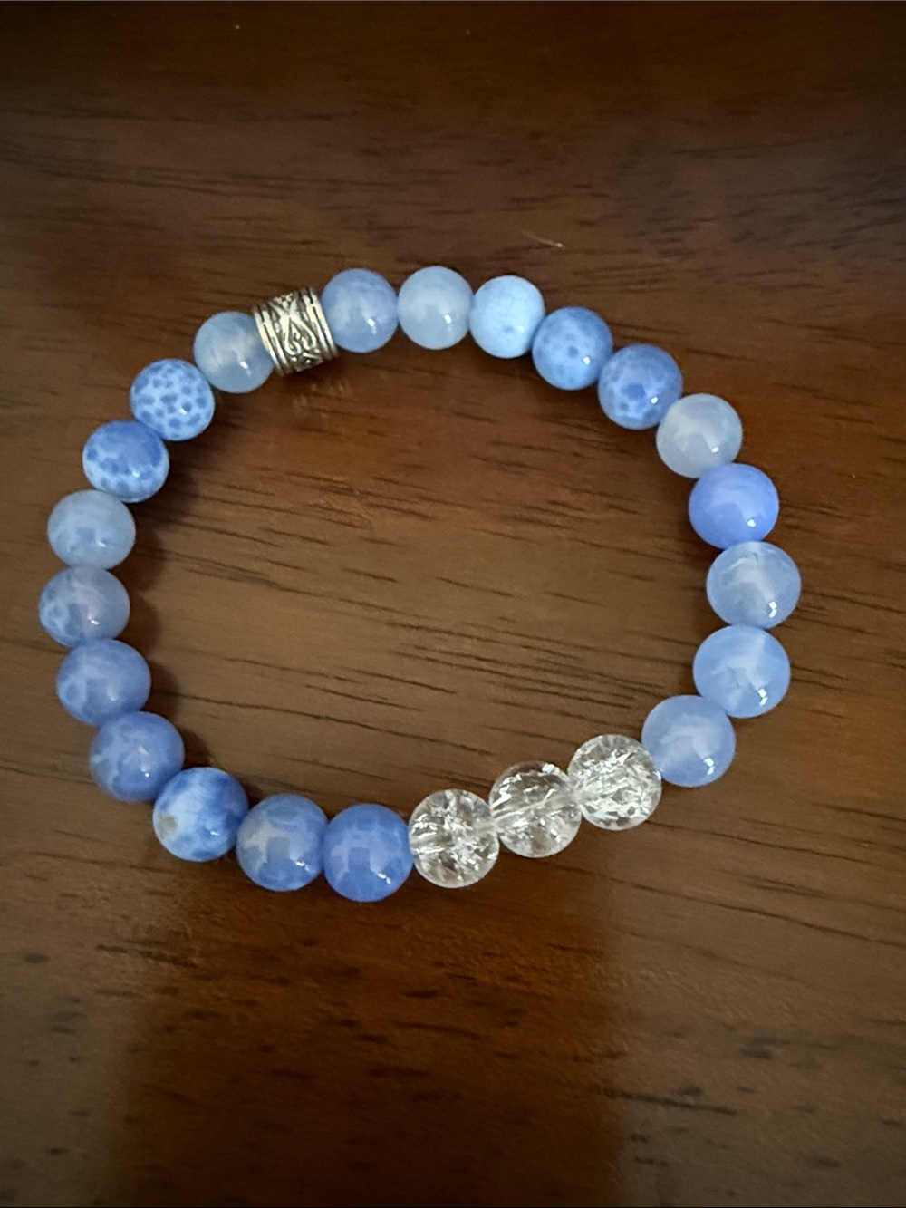 Blue Beaded Stretch Bracelet with Clear Accent Crackle Quartz Beads